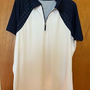 Women’s size Large IZOD Golf short sleeve quarter zip shirt, white and navy